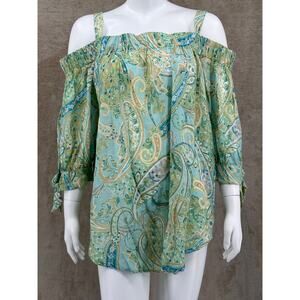 Cocomo Top Womens 1X Green Paisley Cold Shoulder 3/4 Sleeve Boho Spring Vacation